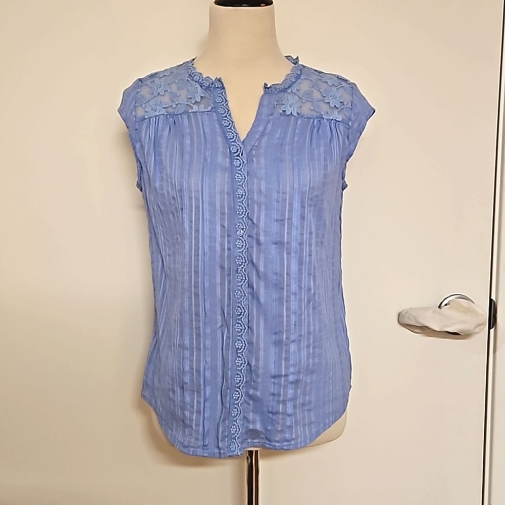 ARCHITECT blue sleeveless button down top lace inset Size PM